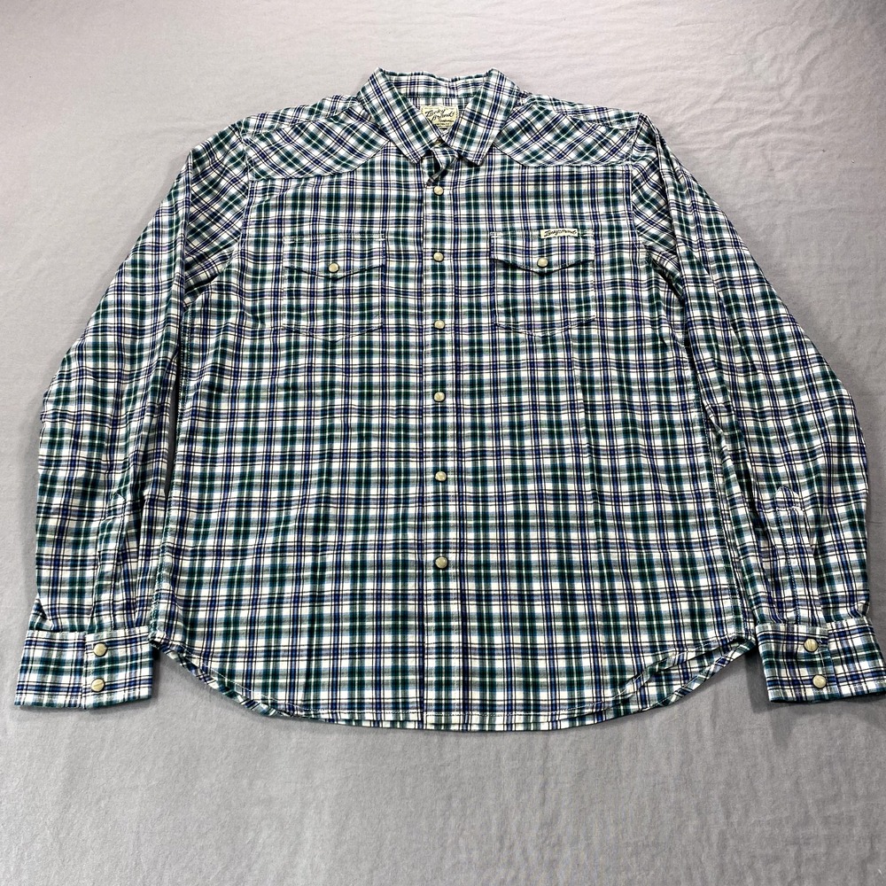 Lucky Brand Shirt Mens Medium Blue White Plaid Pearl Snap Western Coyboy Outdoor